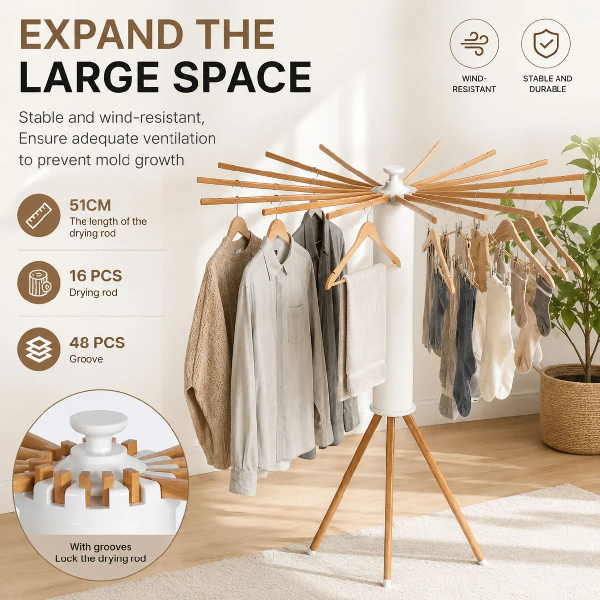 CARLA HOME Tripod Clothes Drying Rack, 16 Rod Foldable, Wooden Poles