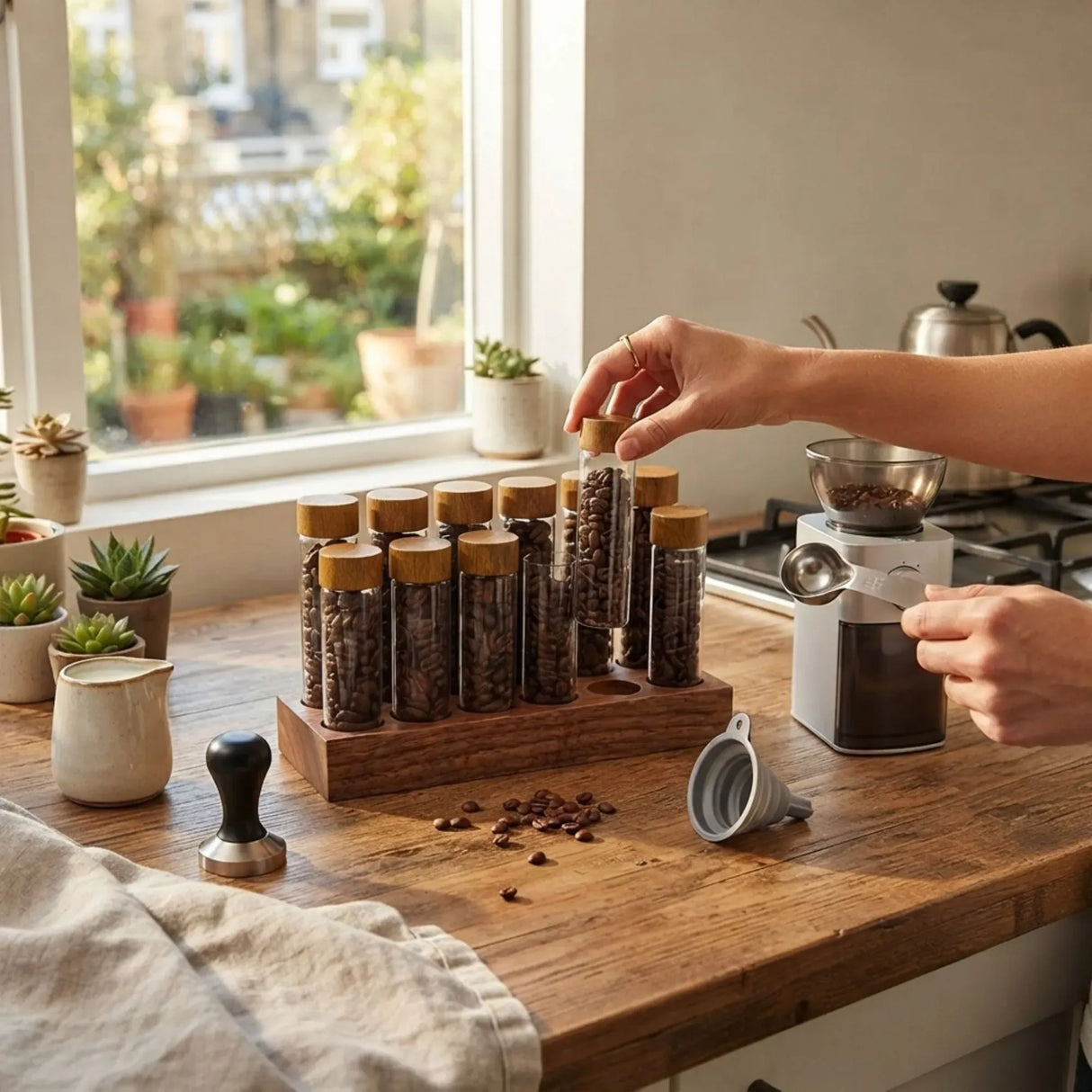 CARLA HOME Glass Coffee Bean Storage Tubes, 12 Pack Wooden Stand (60ml 20g)