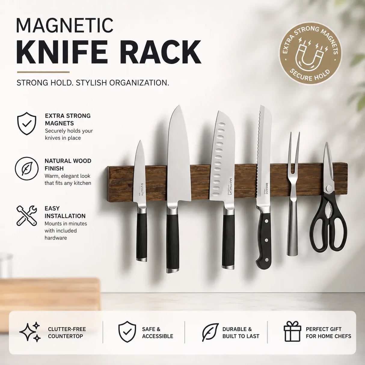 CARLA HOME Magnetic Knife Holder Wall Mounted, Wood Strip, Brown (40cm)