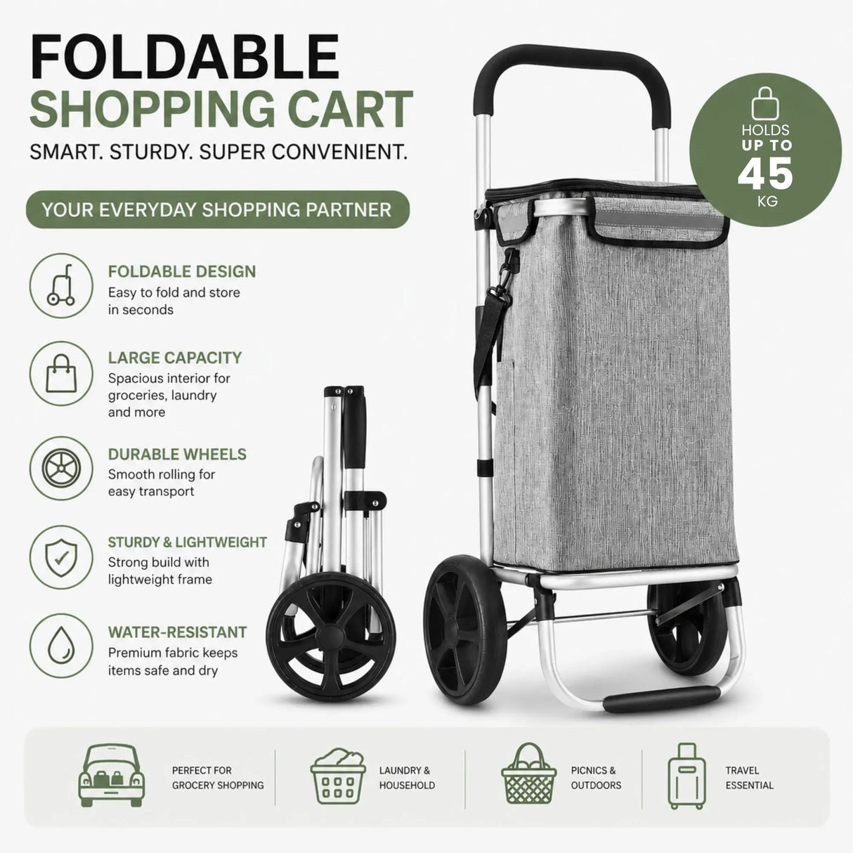 CARLA HOME Foldable Shopping Trolley, Aluminium Cart, 45L, Waterproof, Grey
