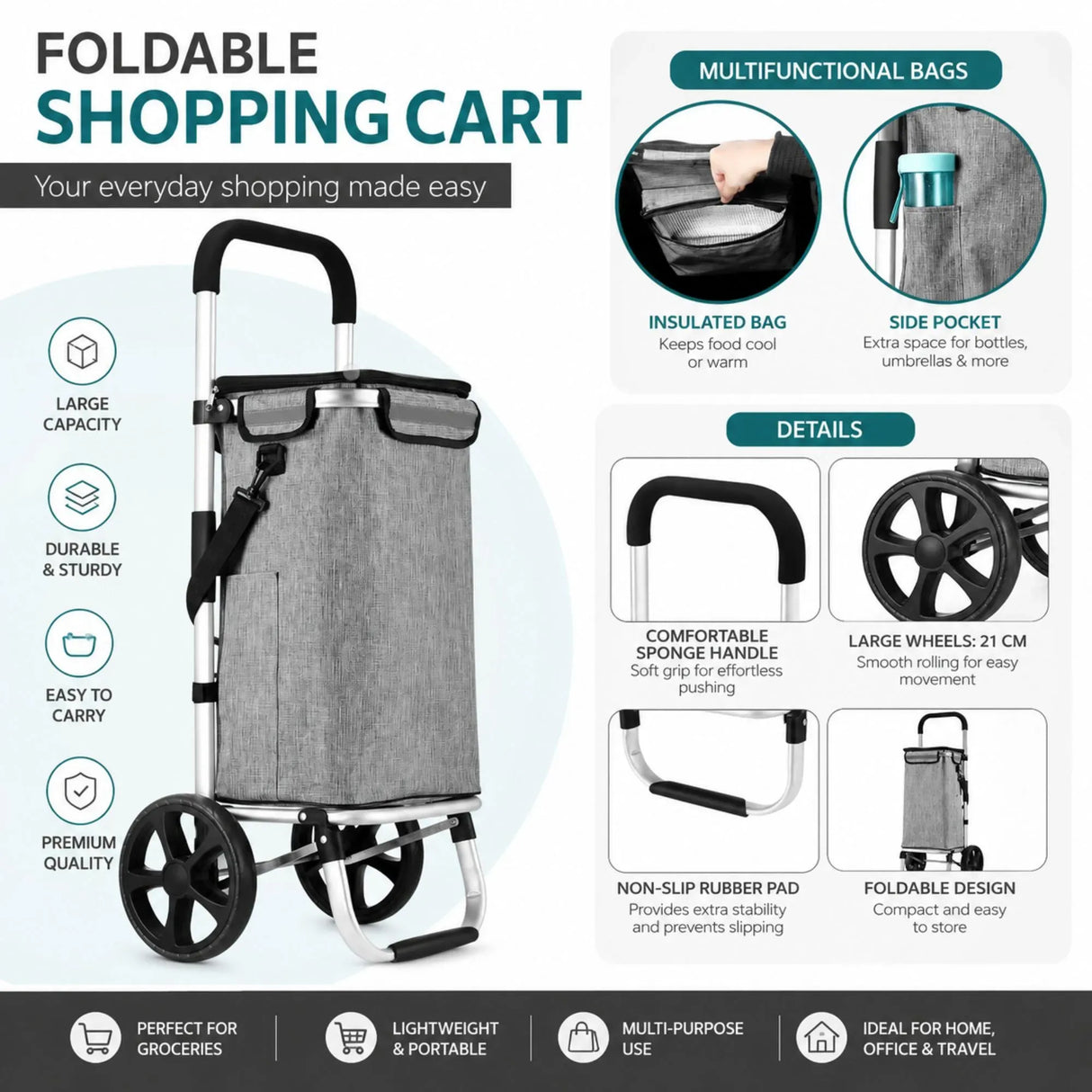 CARLA HOME Foldable Shopping Trolley, Aluminium Cart, 45L, Waterproof, Grey