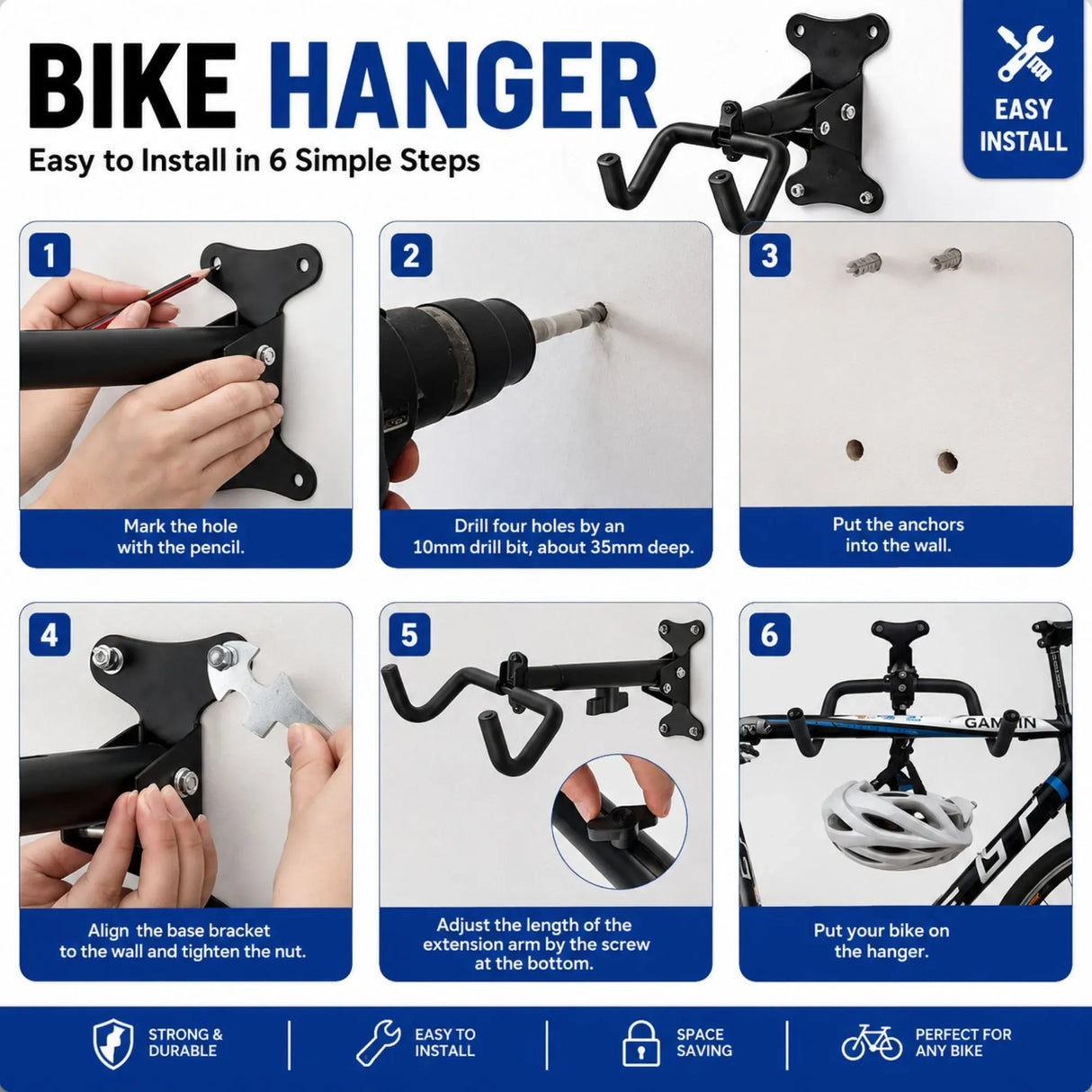 CARLA HOME Wall Mount Bike Rack, Adjustable Foldable Hanger, Garage Storage