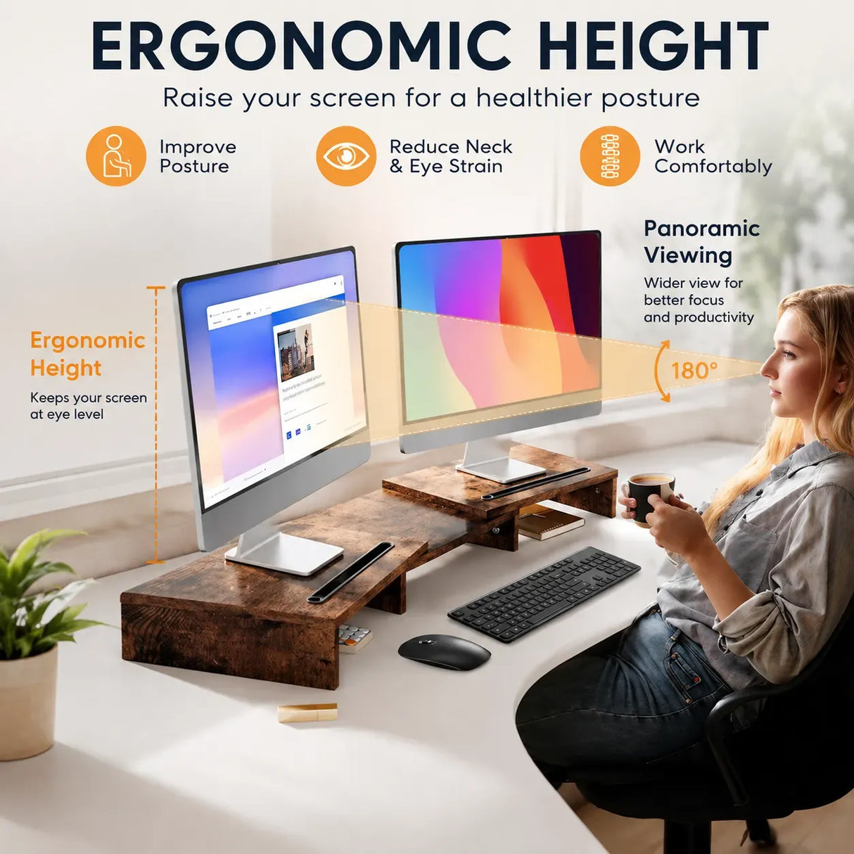 CARLA HOME Dual Monitor Stand Riser, Adjustable Length and Angle, Brown