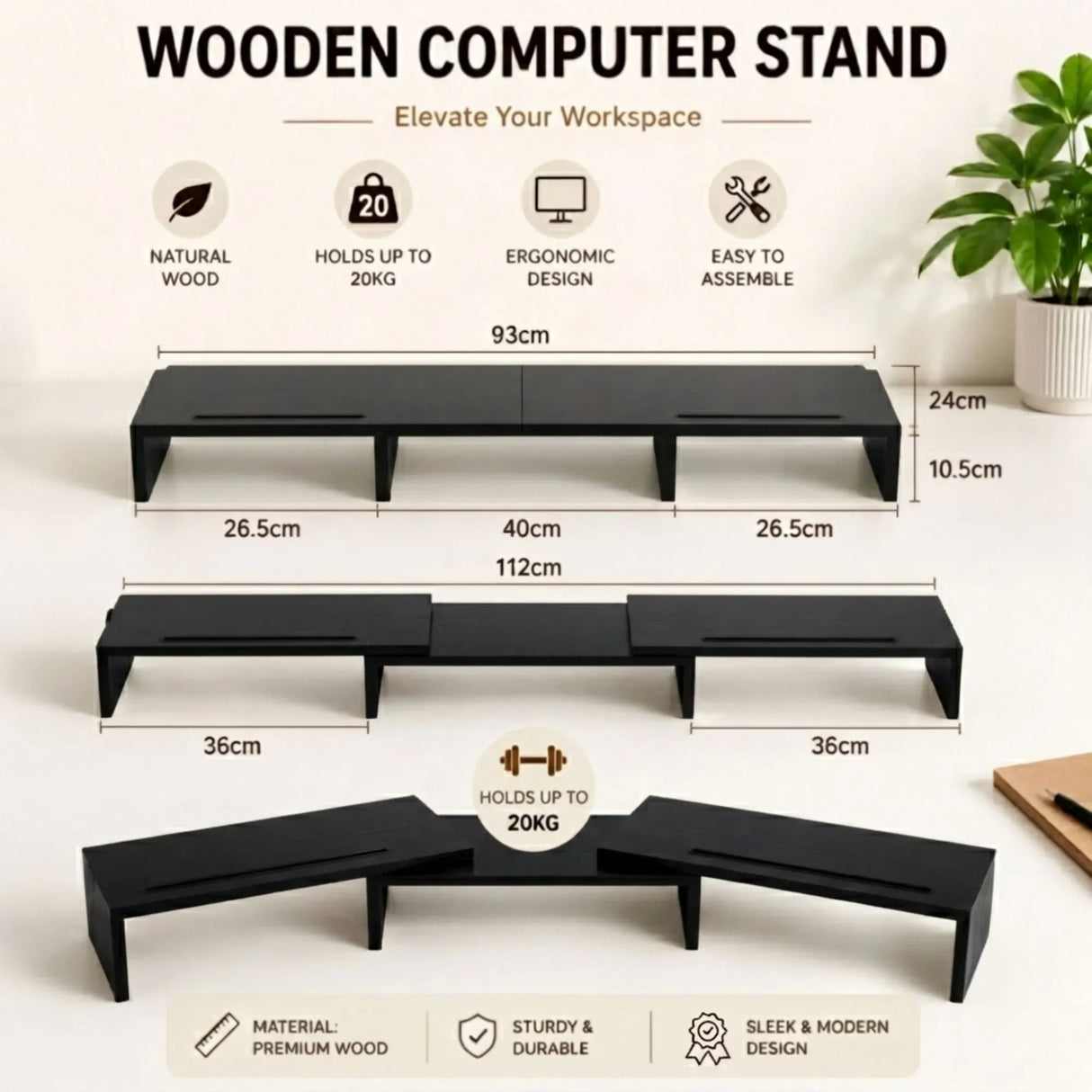 CARLA HOME Dual Monitor Stand Riser, Adjustable Length and Angle, Black