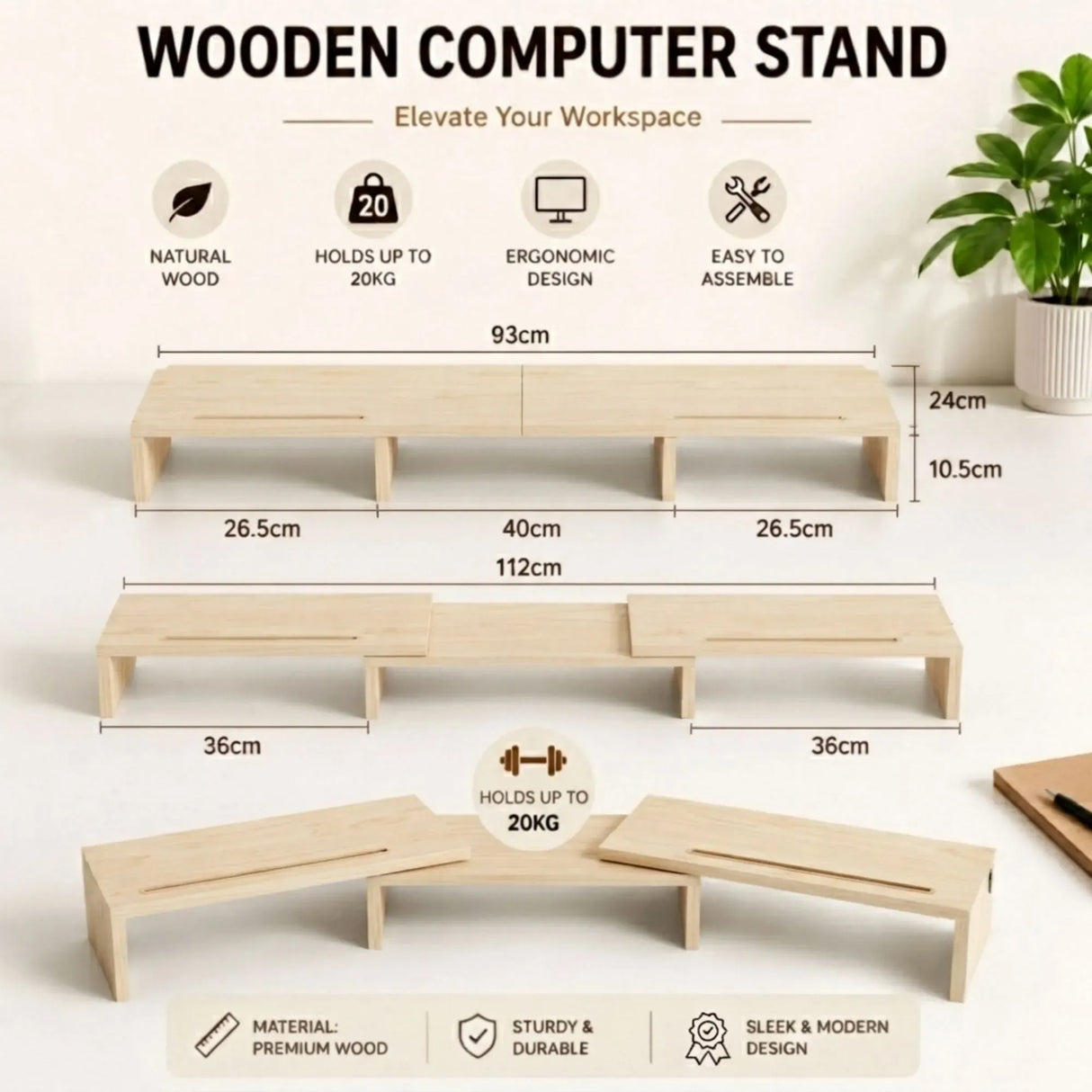 CARLA HOME Dual Monitor Stand Riser, Adjustable Length and Angle, Beige
