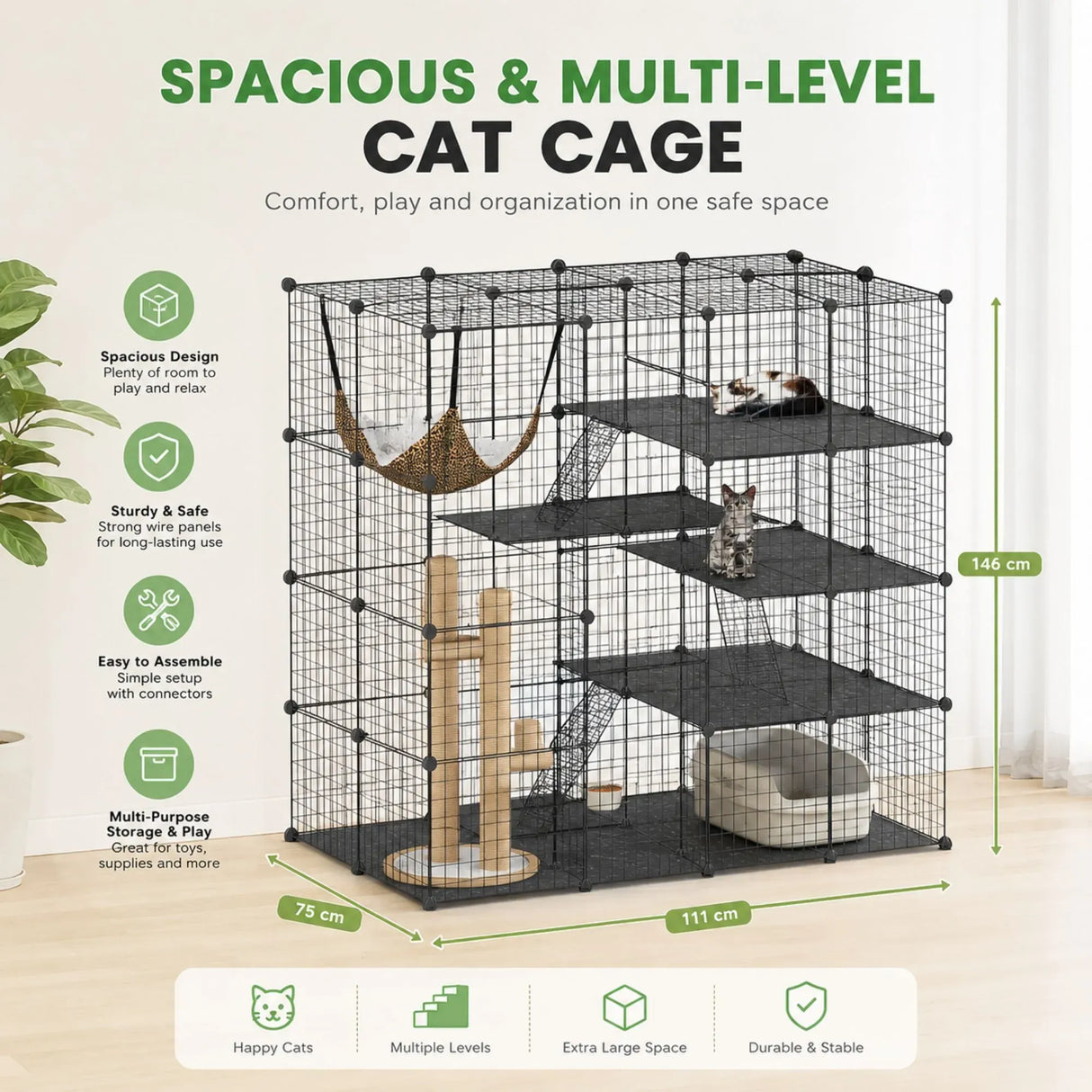 CARLA HOME Large Cat Cage Diy Enclosure, 4 Tier Pet Playpen Cat Kennel