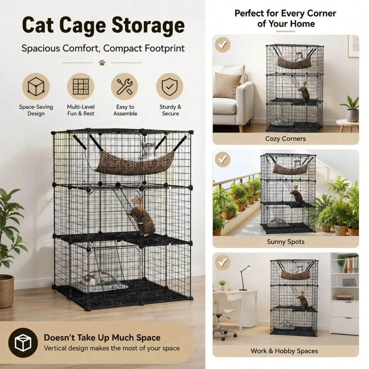 CARLA HOME Large Cat Cage Diy Enclosure, 3 Tier Pet Playpen Cat Kennel