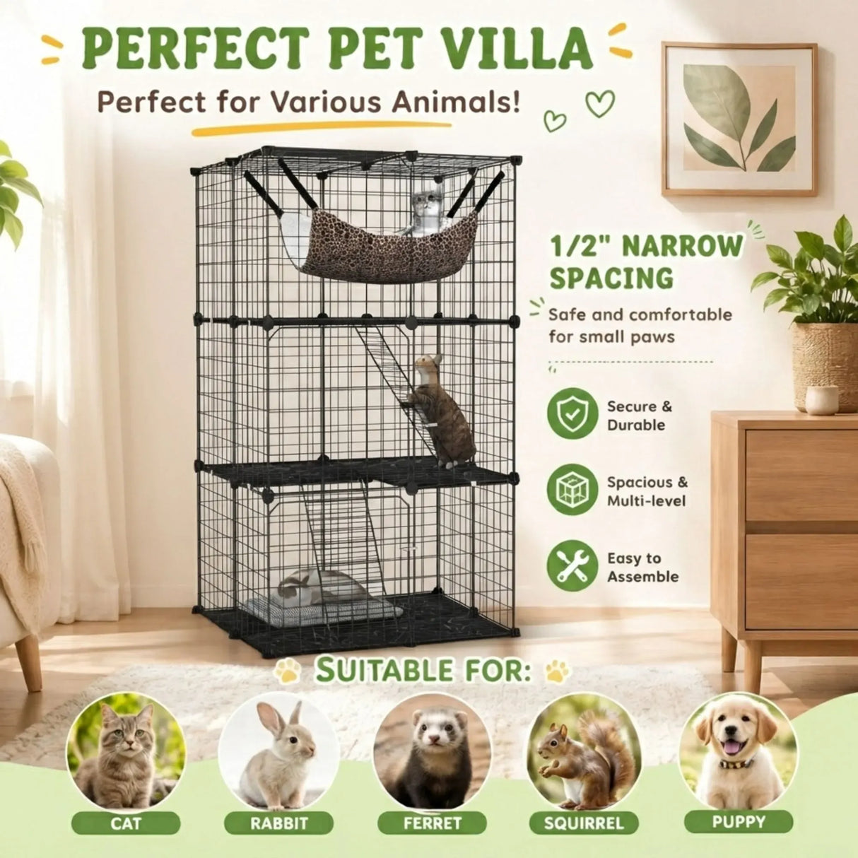 CARLA HOME Large Cat Cage Diy Enclosure, 3 Tier Pet Playpen Cat Kennel