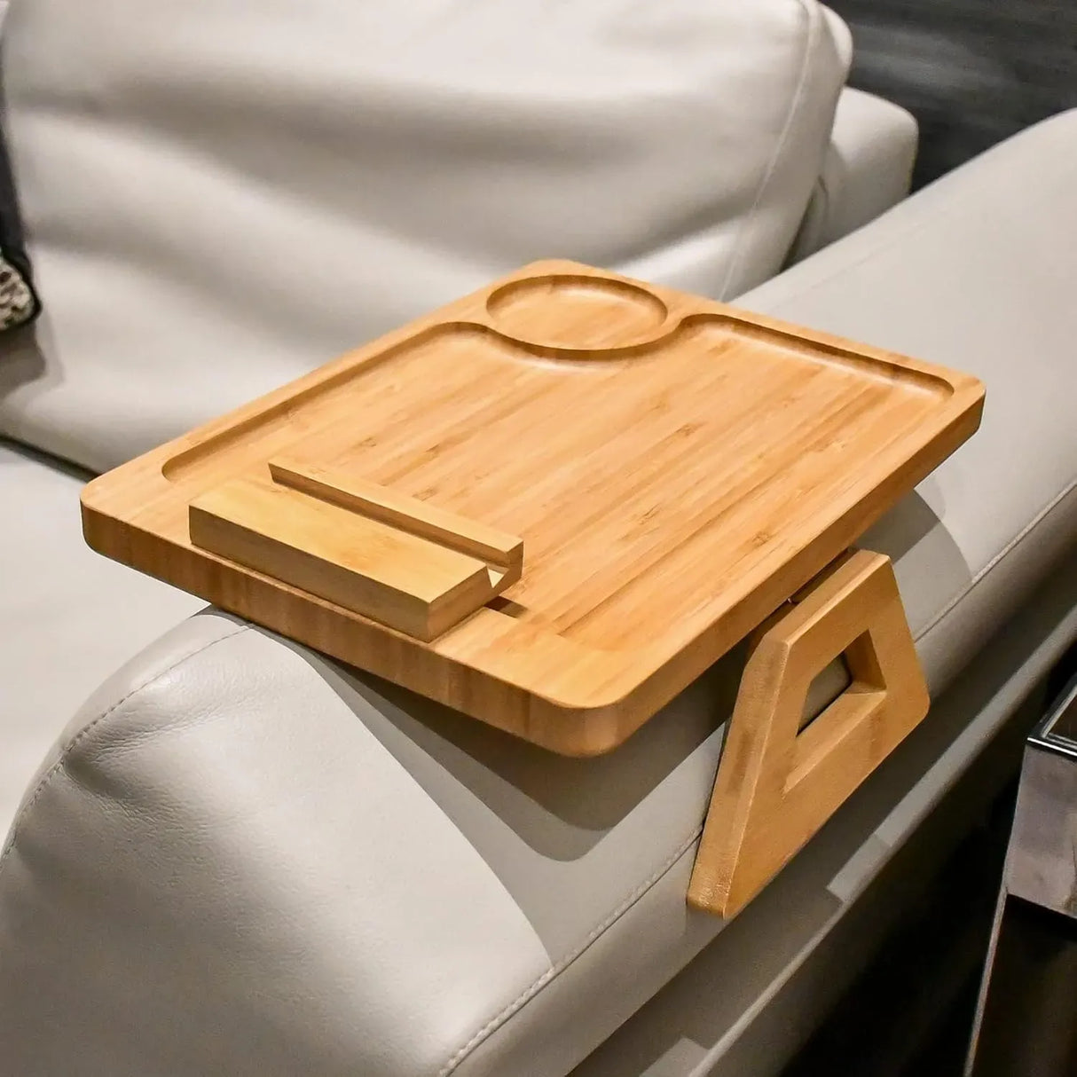 CARLA HOME Bamboo Sofa Arm Tray, 360° Rotating Phone Holder Clip, Couch cup