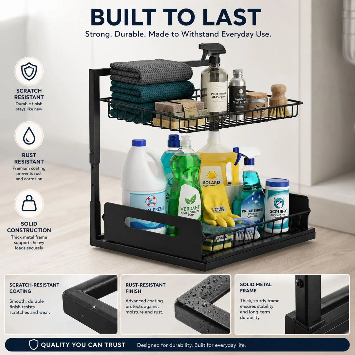 CARLA HOME 2 Tier Under Sink Organiser - Sliding Drawer - Black - Adjustable Under Sink Organiser