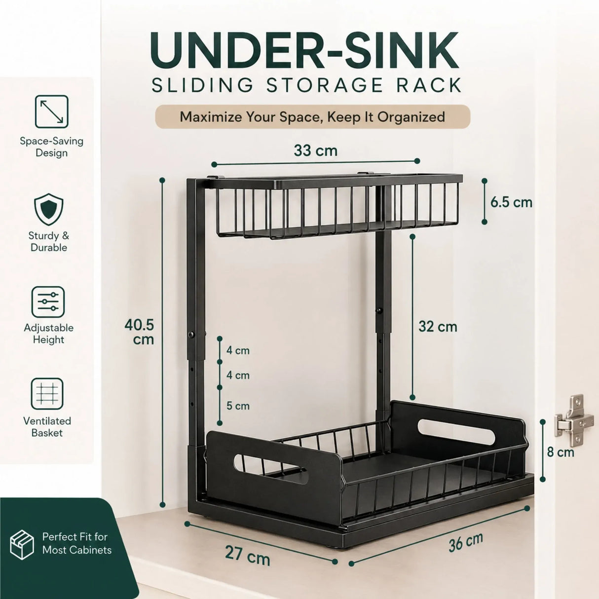 CARLA HOME 2 Tier Under Sink Organiser - Sliding Drawer - Black - Adjustable Under Sink Organiser