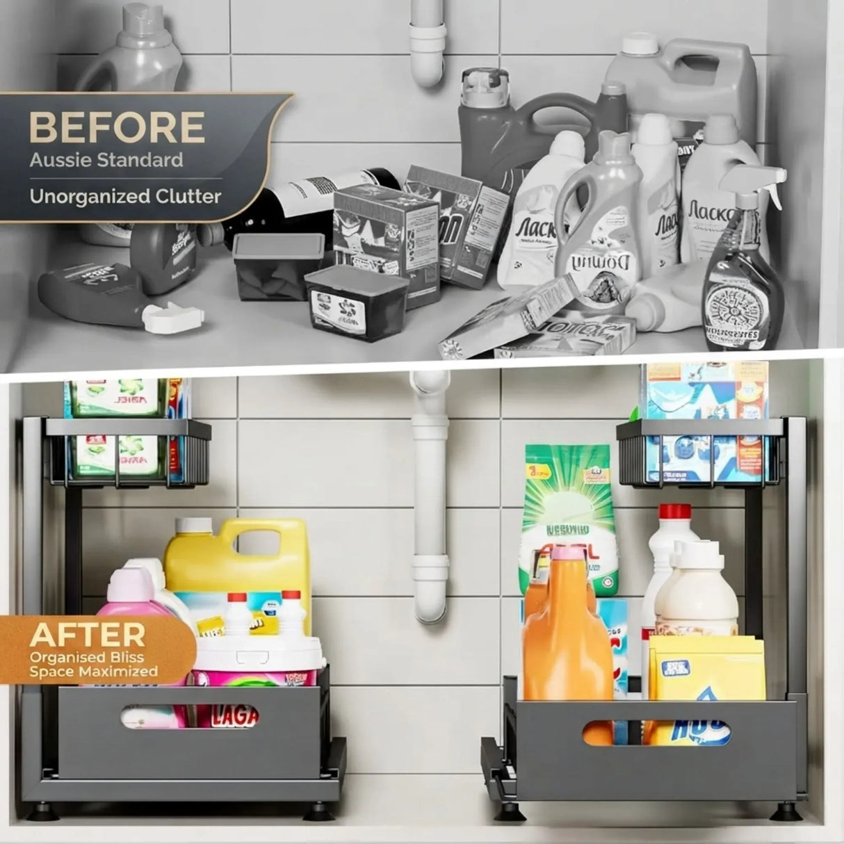 CARLA HOME 2 Tier Under Sink Organiser - Sliding Drawer - Black - Adjustable Under Sink Organiser