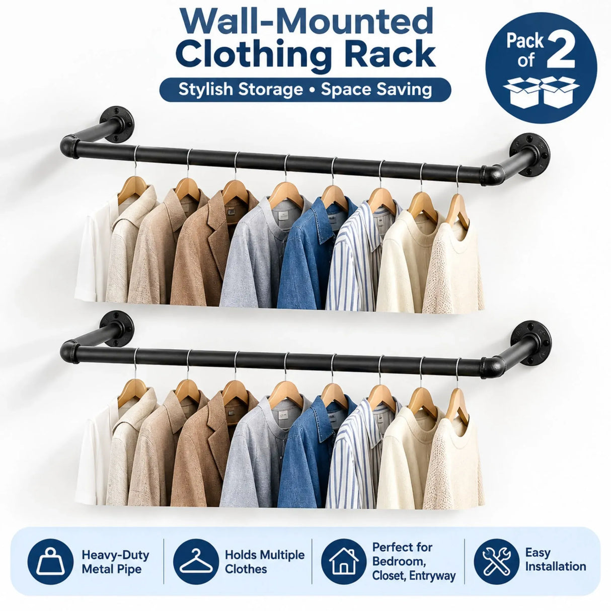 CARLA HOME 2-Pack Wall Mounted Industrial Pipe Clothes Rack - Black - Storage Rack