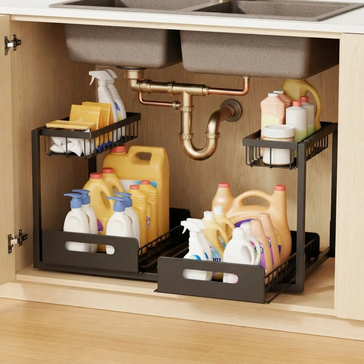 CARLA HOME Under Sink Organiser 2-Pack - Sliding Drawer - Black - Adjustable Under Sink Organiser