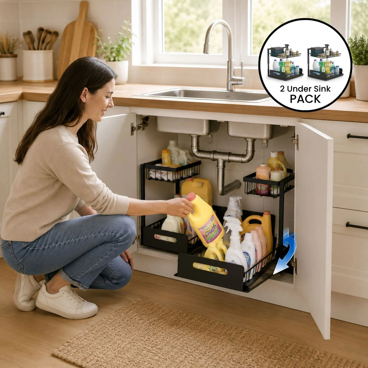 CARLA HOME Under Sink Organiser 2-Pack - Sliding Drawer - Black - Adjustable Under Sink Organiser