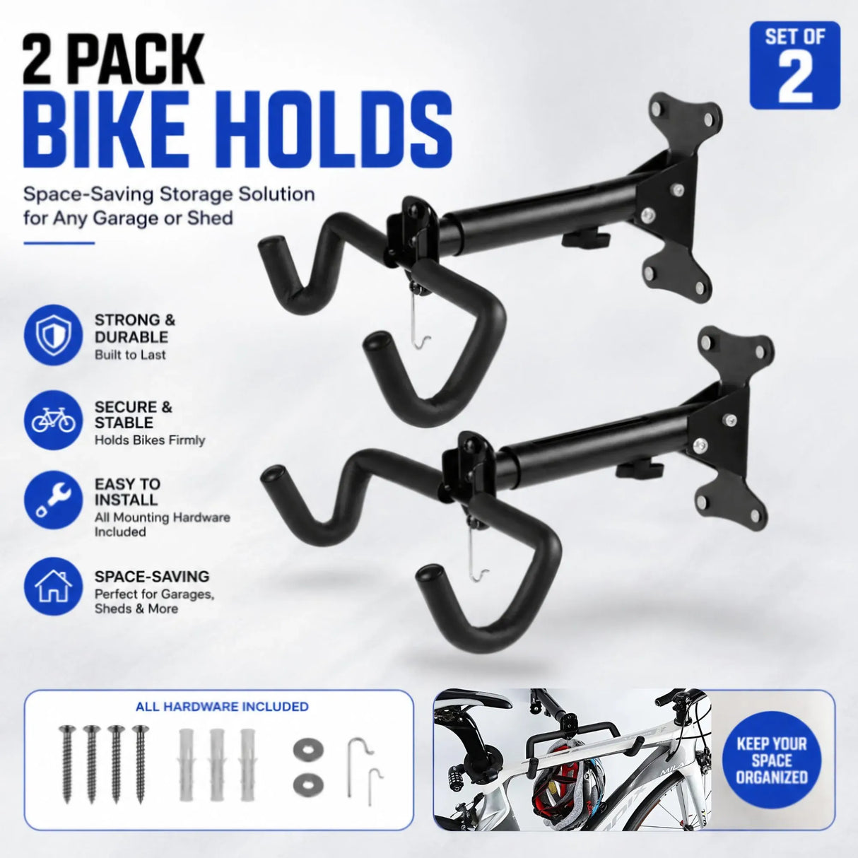 CARLA HOME 2-Pack Bike Wall Mount Rack - Adjustable Hook - Black - Adjustable Fixed Bike