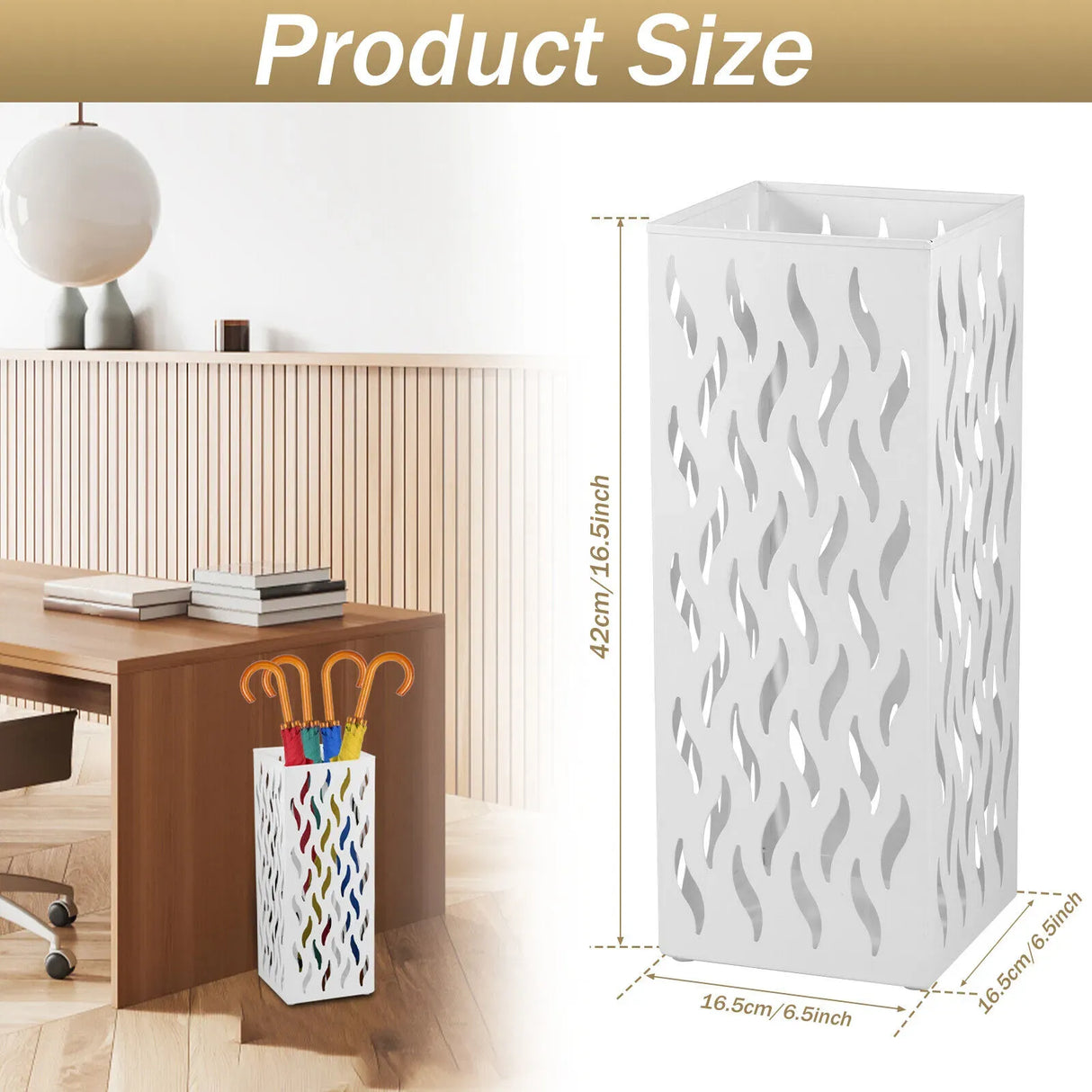 Metal Umbrella Stand Rack in White - Rectangular Design, Holds 4-8 Umbrellas, 16.5x16.5x42cm