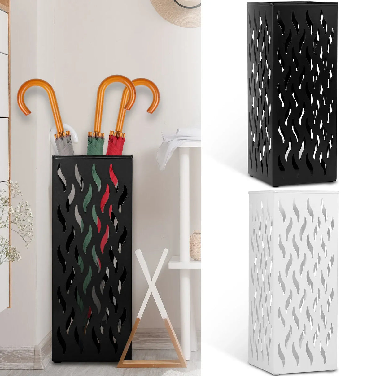 Metal Umbrella Stand Rack in White - Rectangular Design, Holds 4-8 Umbrellas, 16.5x16.5x42cm