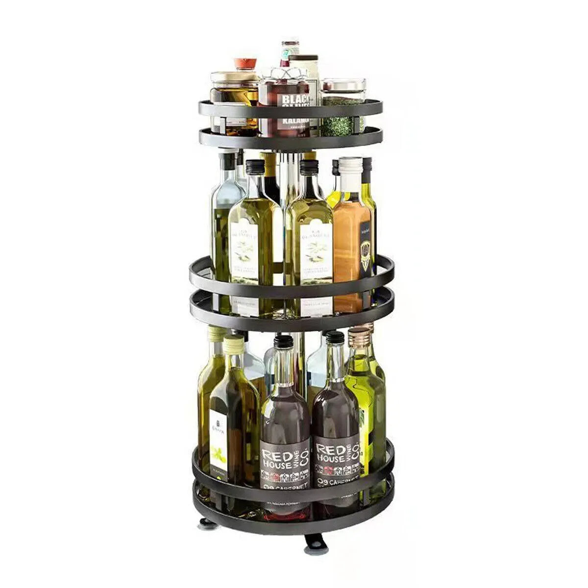 Black Kitchen Rotating Spice Rack - Double Layer Carbon Steel Organizer