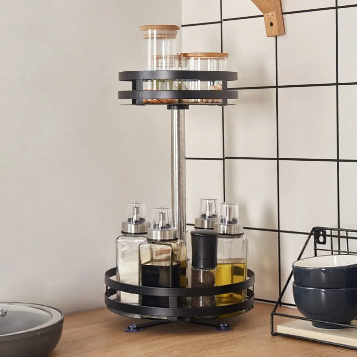 Black Triple Layer Rotating Spice Rack Countertop Organizer with 360° Rotation
