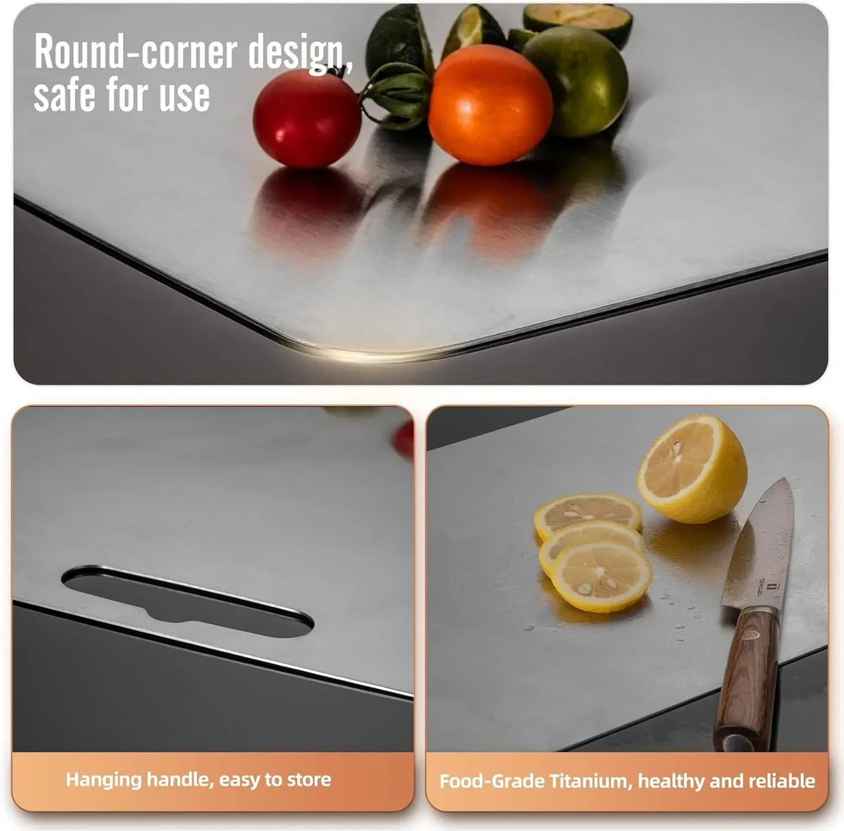 Double-Sided Titanium Cutting Board in Silver, 39x28cm for Kitchen and Camping