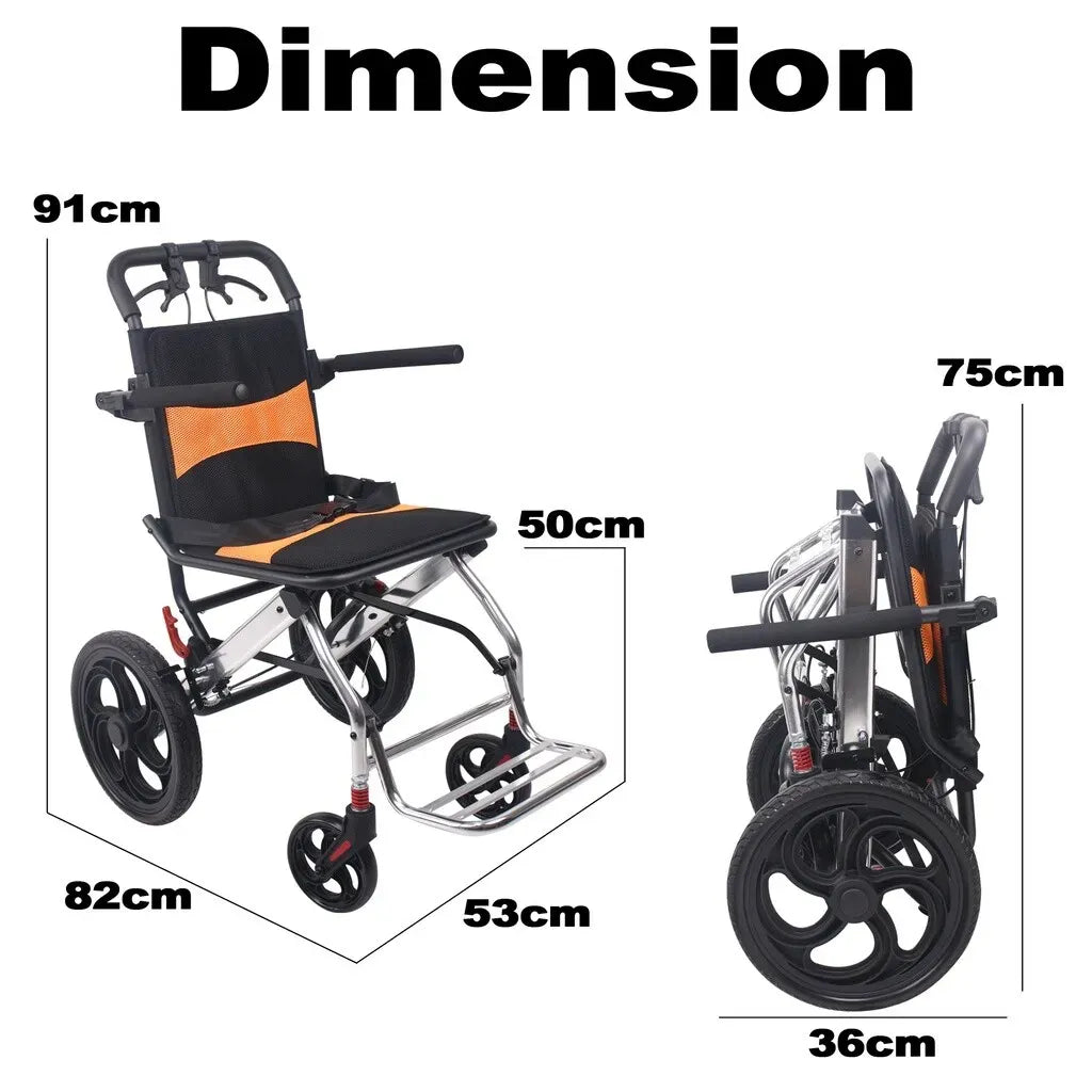 Portable Foldable Manual Wheelchair in Orange - Lightweight Travel Design, 100kg Capacity