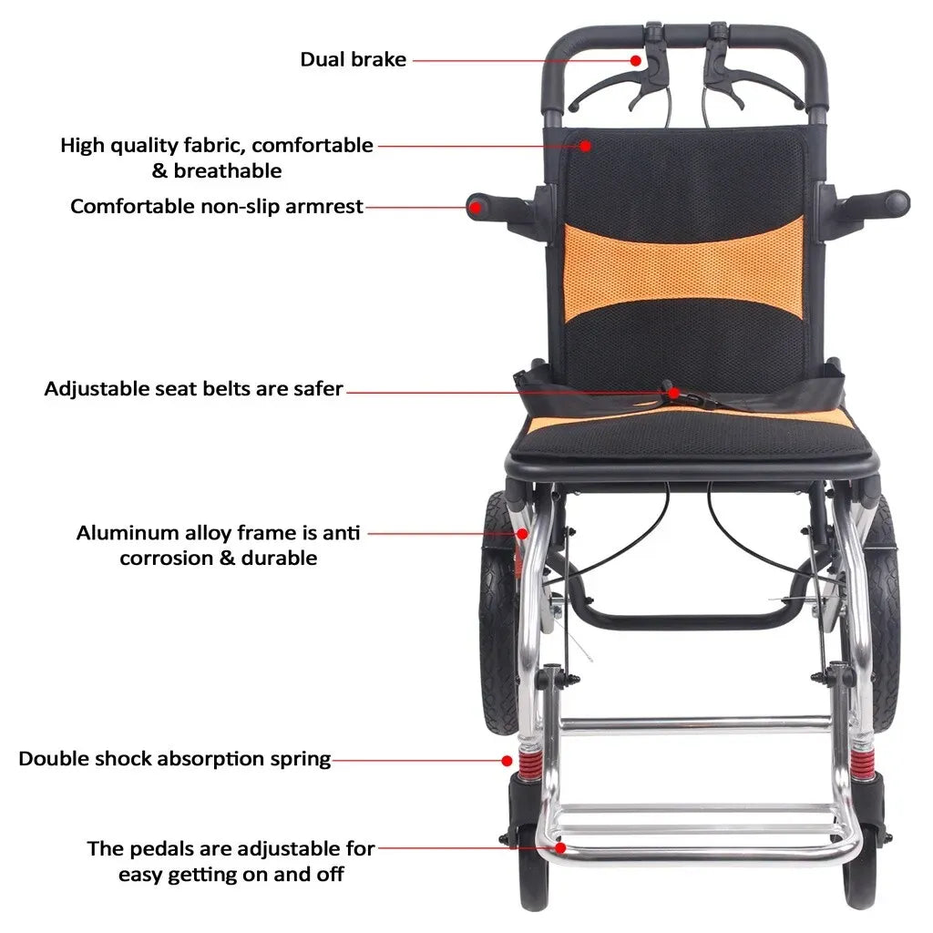 Portable Foldable Manual Wheelchair in Orange - Lightweight Travel Design, 100kg Capacity