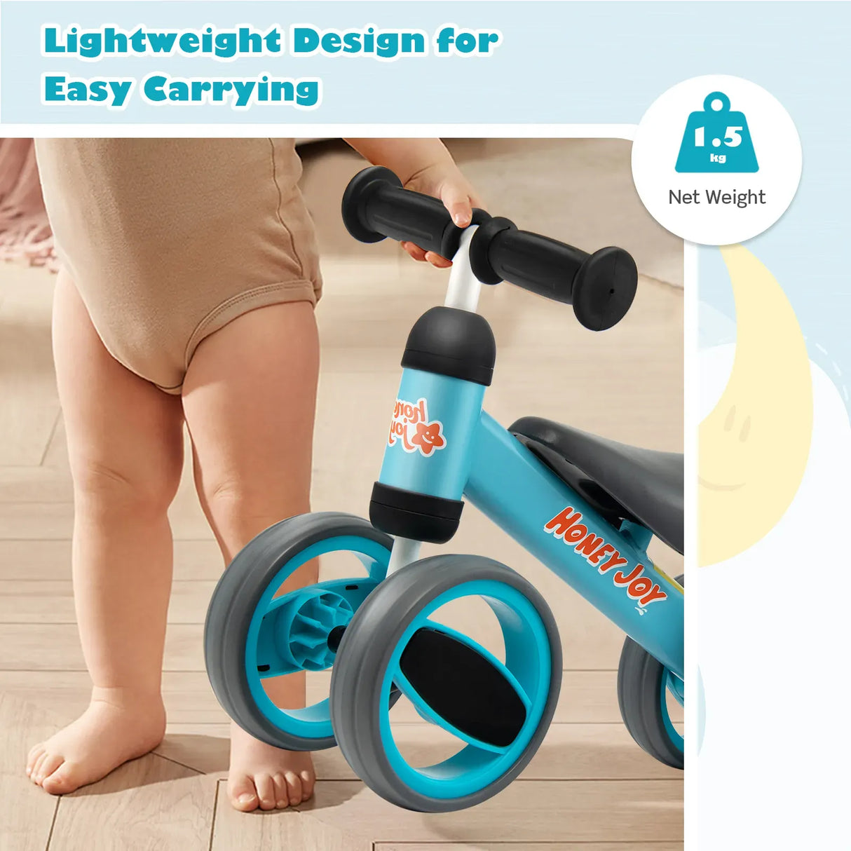 Baby Balance Bike for Toddlers 1-2 Years, Blue, 47x20x37.5cm, 4 Wheels
