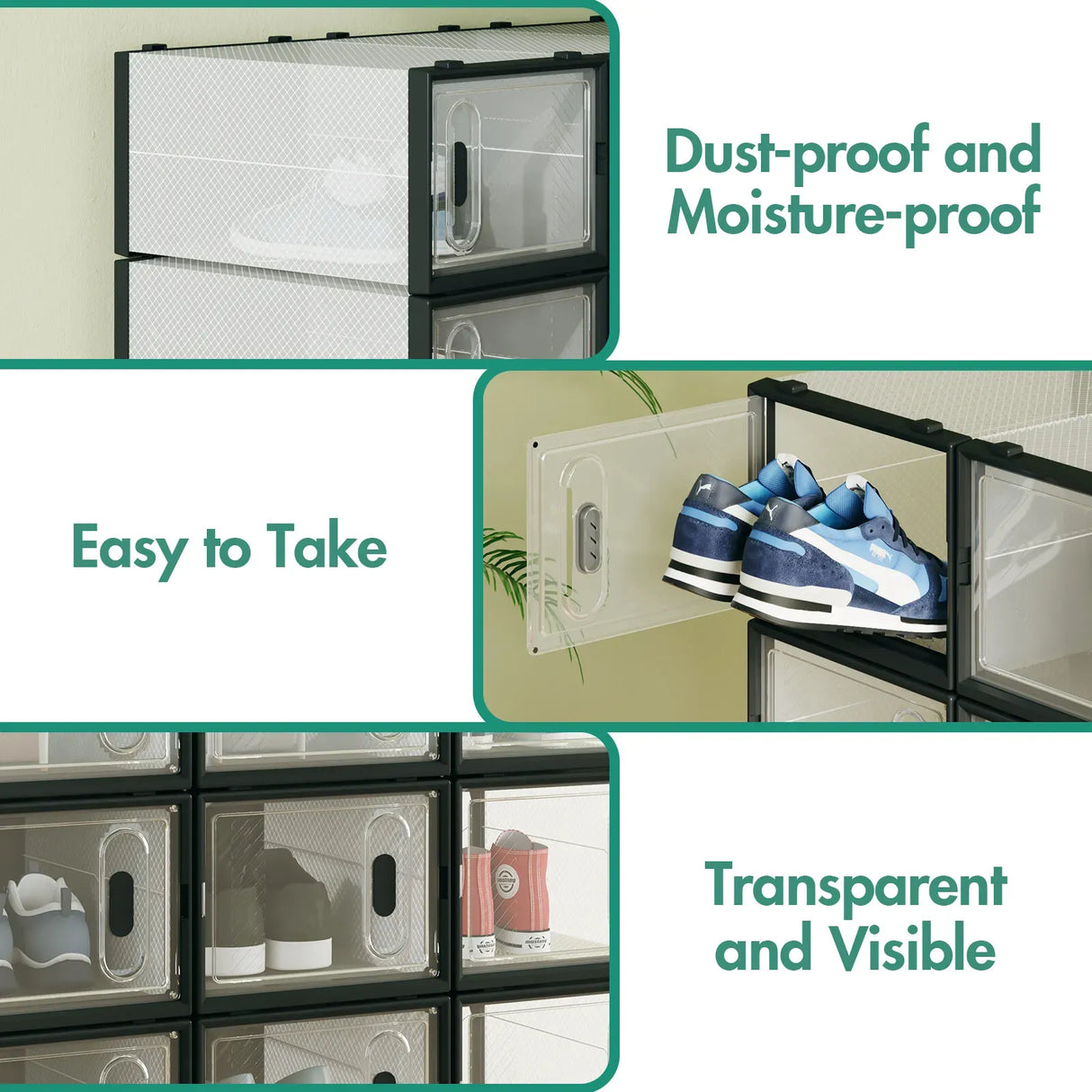 12-Piece Stackable Shoe Storage Box Organiser in Transparent and Black, 36x25x19cm