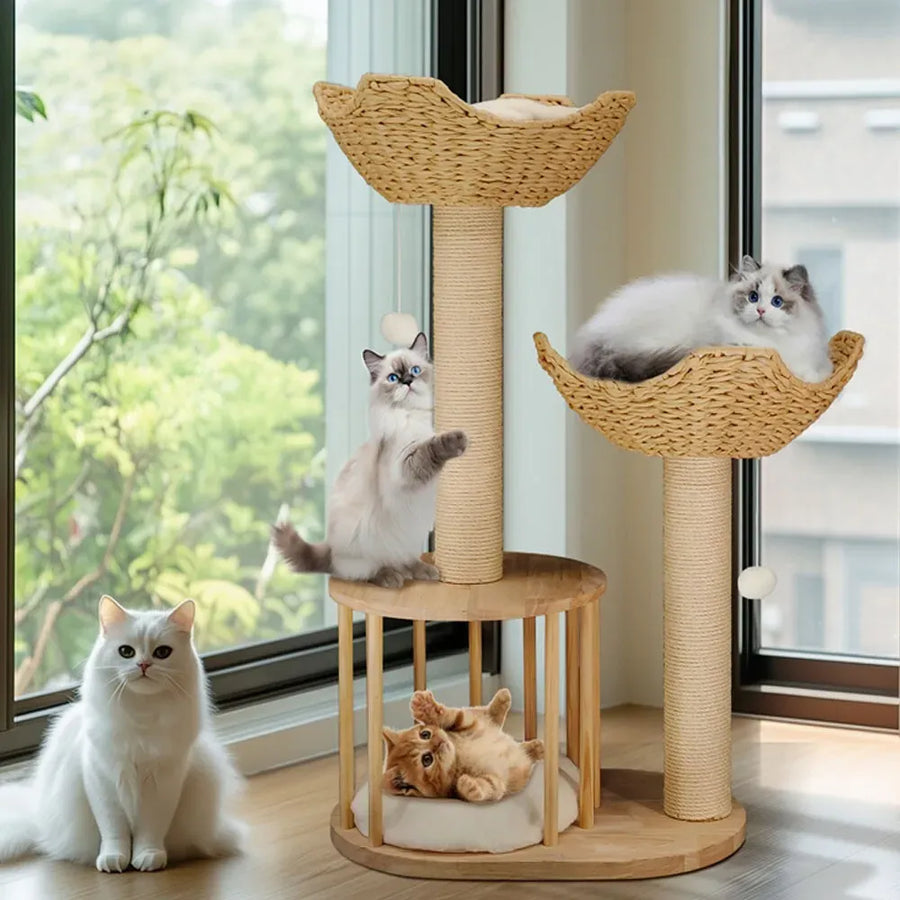 Large Cat Scratching Post Tree Tower with Baskets and Cubby Cave in Natural Wood & White, 60x40x99cm