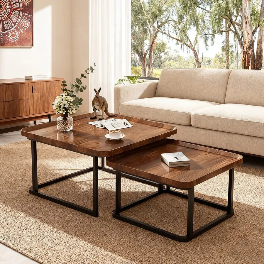 Set of 2 Nesting Coffee Tables in Walnut Wood & Black - Modern Industrial Design