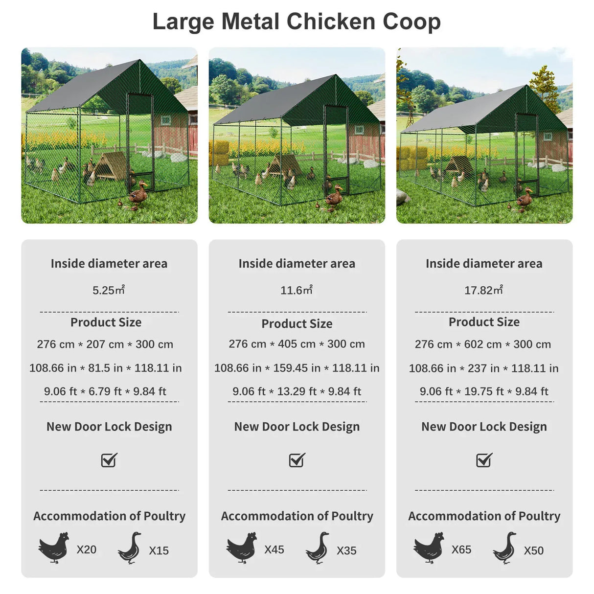 Heavy Duty XL Metal Walk-In Chicken Run with Cover, 276x405x300cm, Black