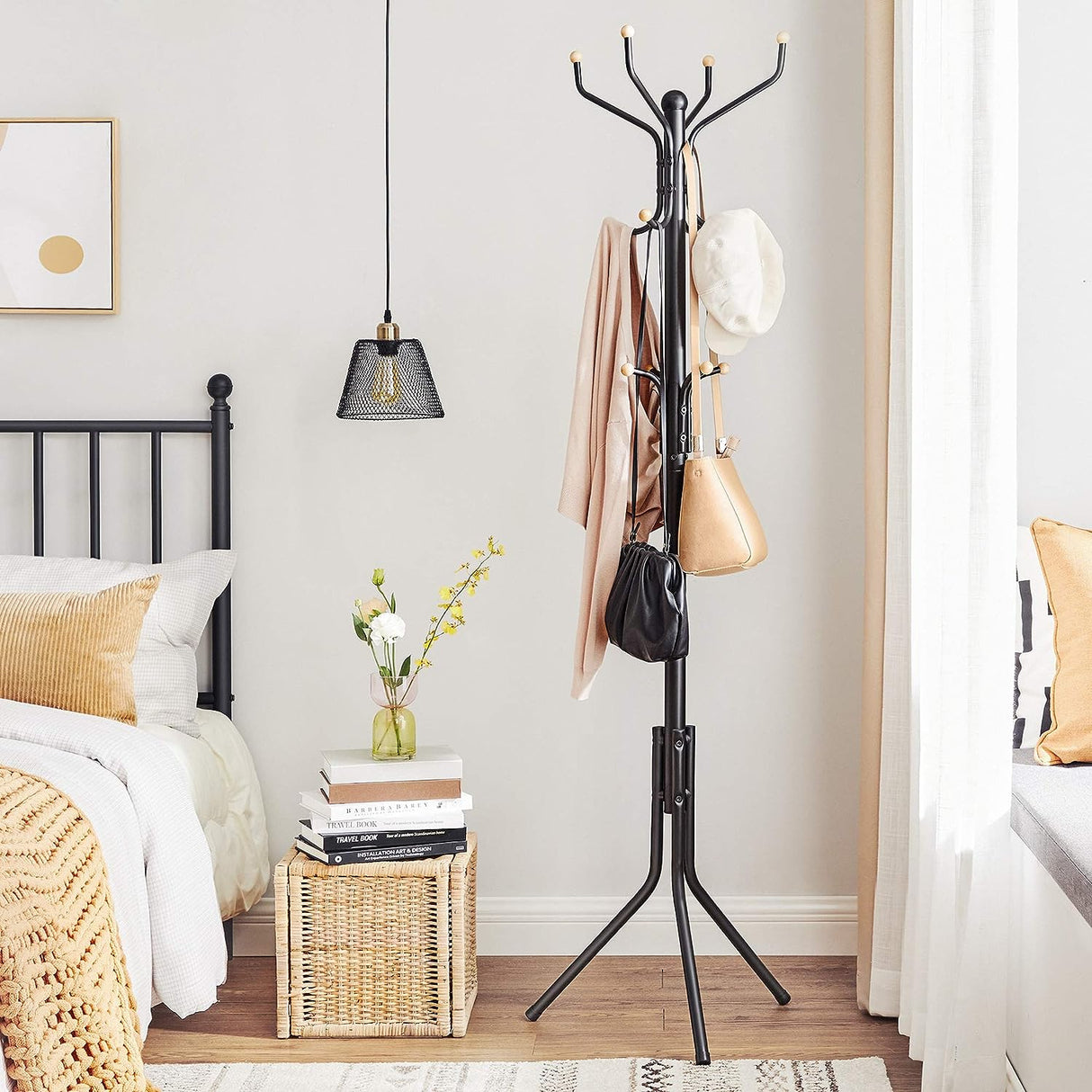 Stylish Black Metal Coat Rack with 12 Hooks and Space-Saving Design, 182cm