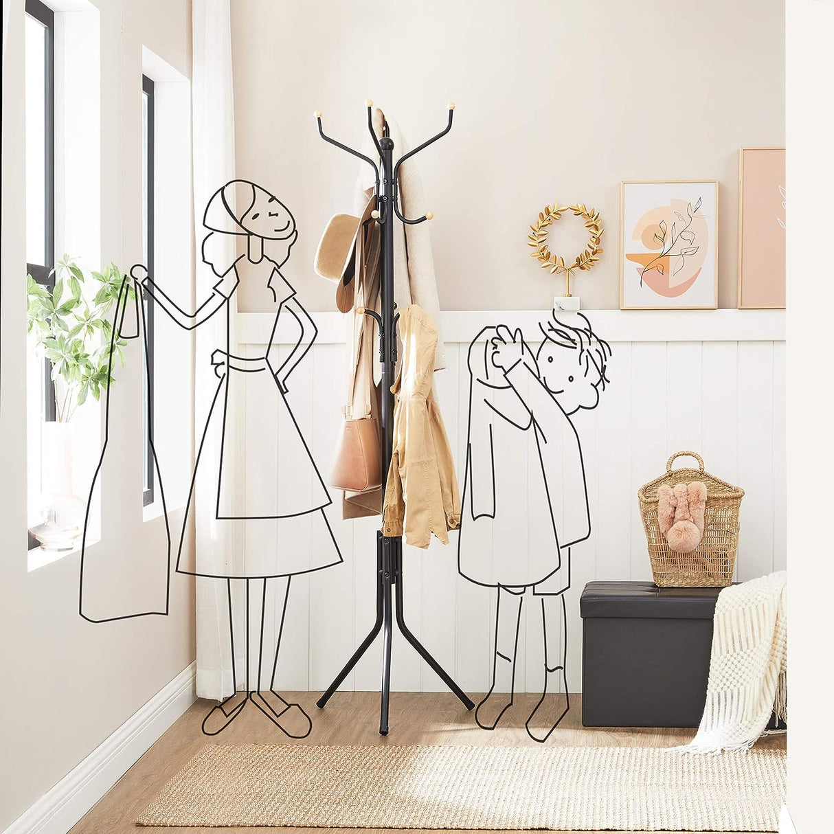 Stylish Black Metal Coat Rack with 12 Hooks and Space-Saving Design, 182cm