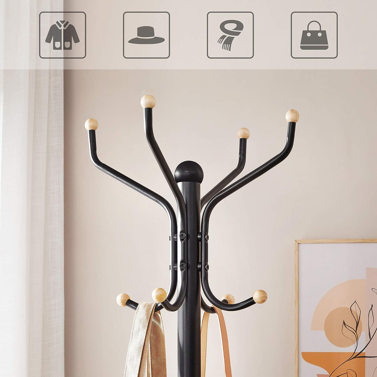 Stylish Black Metal Coat Rack with 12 Hooks and Space-Saving Design, 182cm