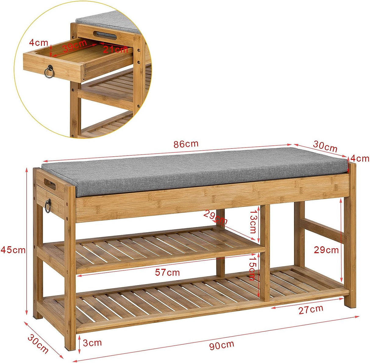 Bamboo Storage Bench with Lift Top and Drawers
