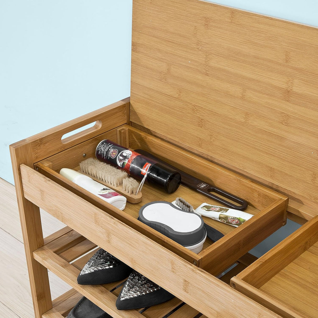 Bamboo Storage Bench with Lift Top and Drawers
