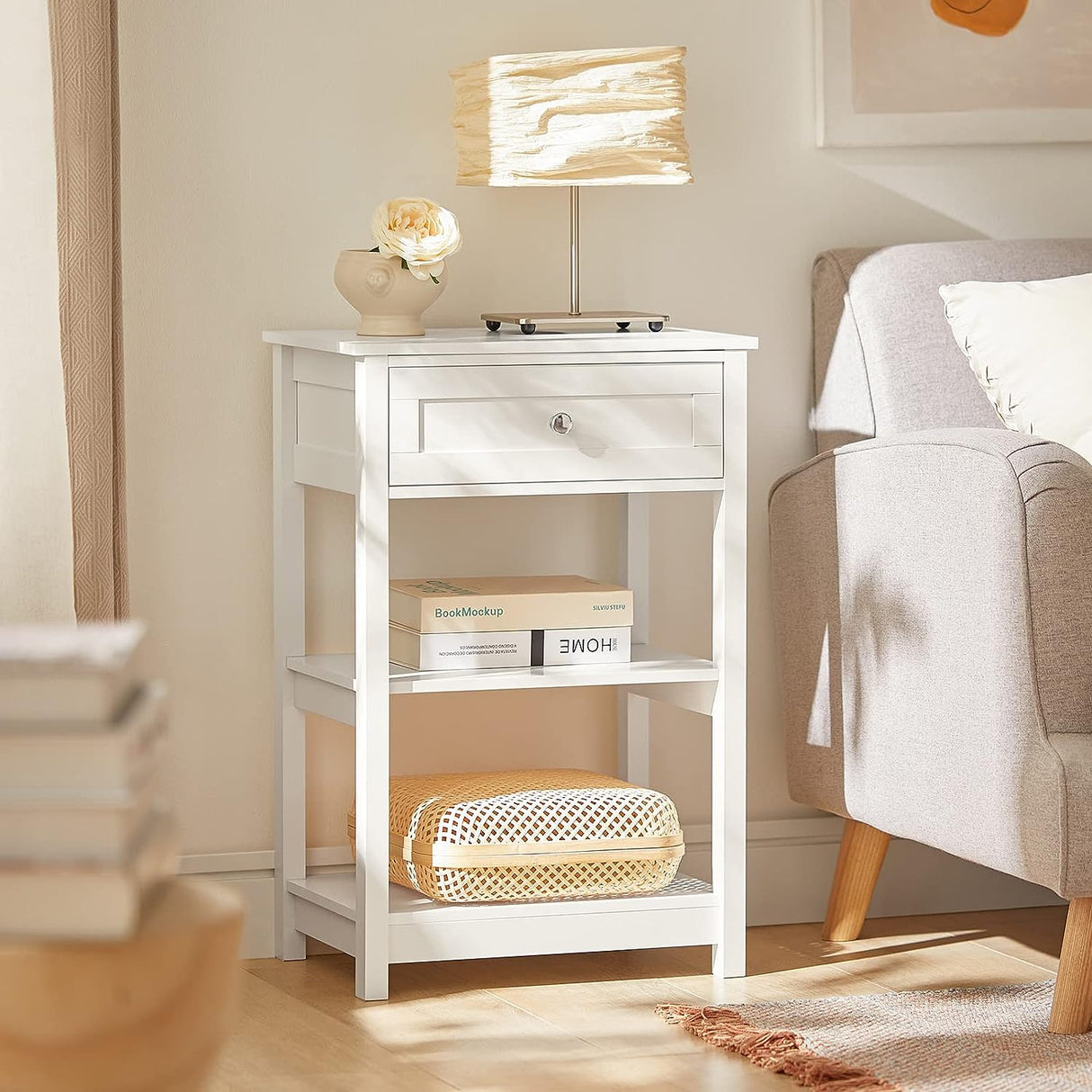 Elegant Bedside Storage Table with Drawer and Shelves