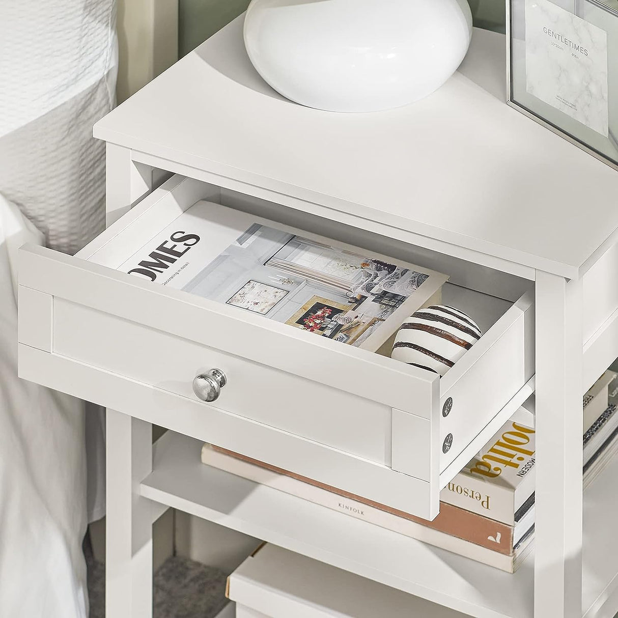 Elegant Bedside Storage Table with Drawer and Shelves