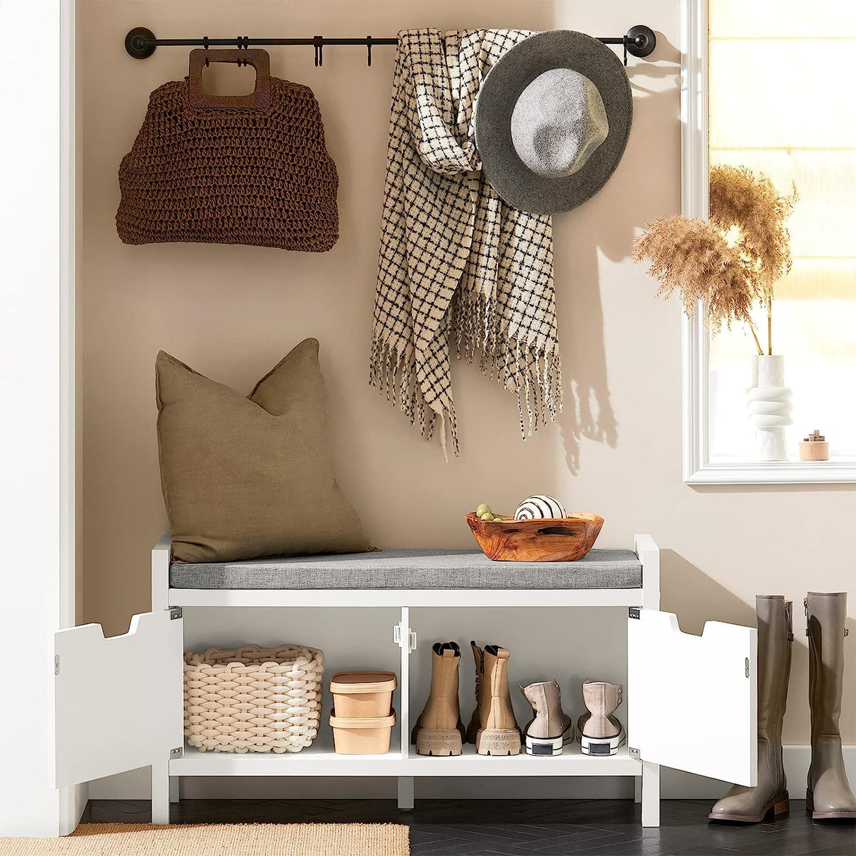 Modern White Shoe Storage Bench with Cushion Seat