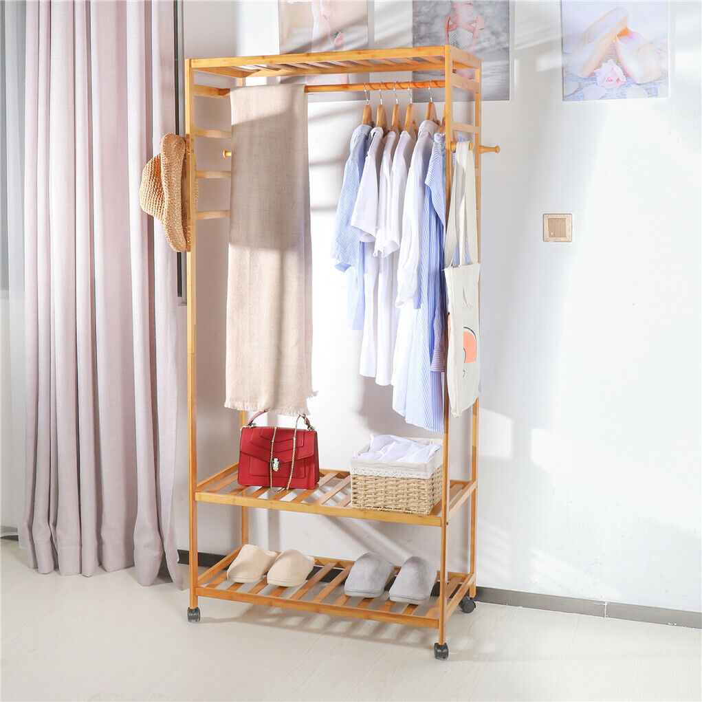3-Tier Wooden Clothes Rack Rolling Garment Stand w/ Hooks