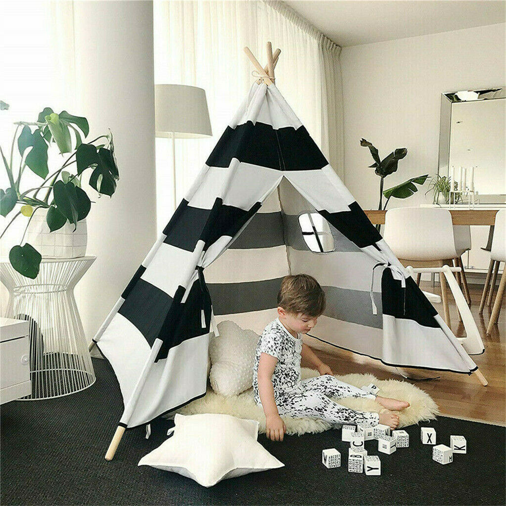 Kids Teepee Tent Linen Wood Black White Stripe Playhouse Indoor Garden