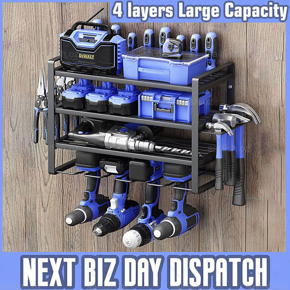 4-Layer Heavy Duty Drill Holder Wall Mount Tool Rack Organizer,