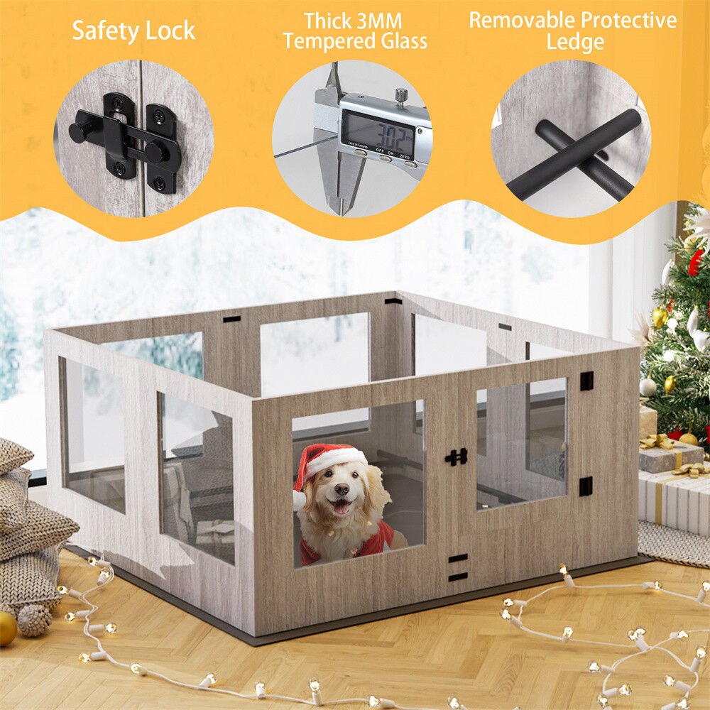 Indoor Dog Pen Tempered Glass Kennel w/ Pad