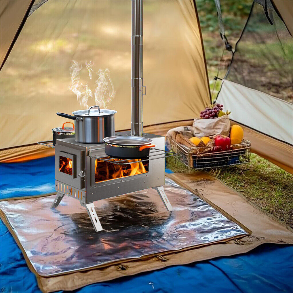 Stainless Steel Wood Burner Stove for Camping w/ Chimney & Bag