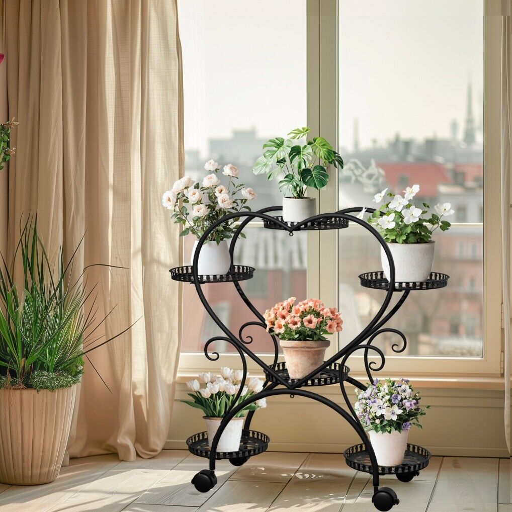 Rolling Metal Plant Stand Indoor Outdoor Garden Display Shelf