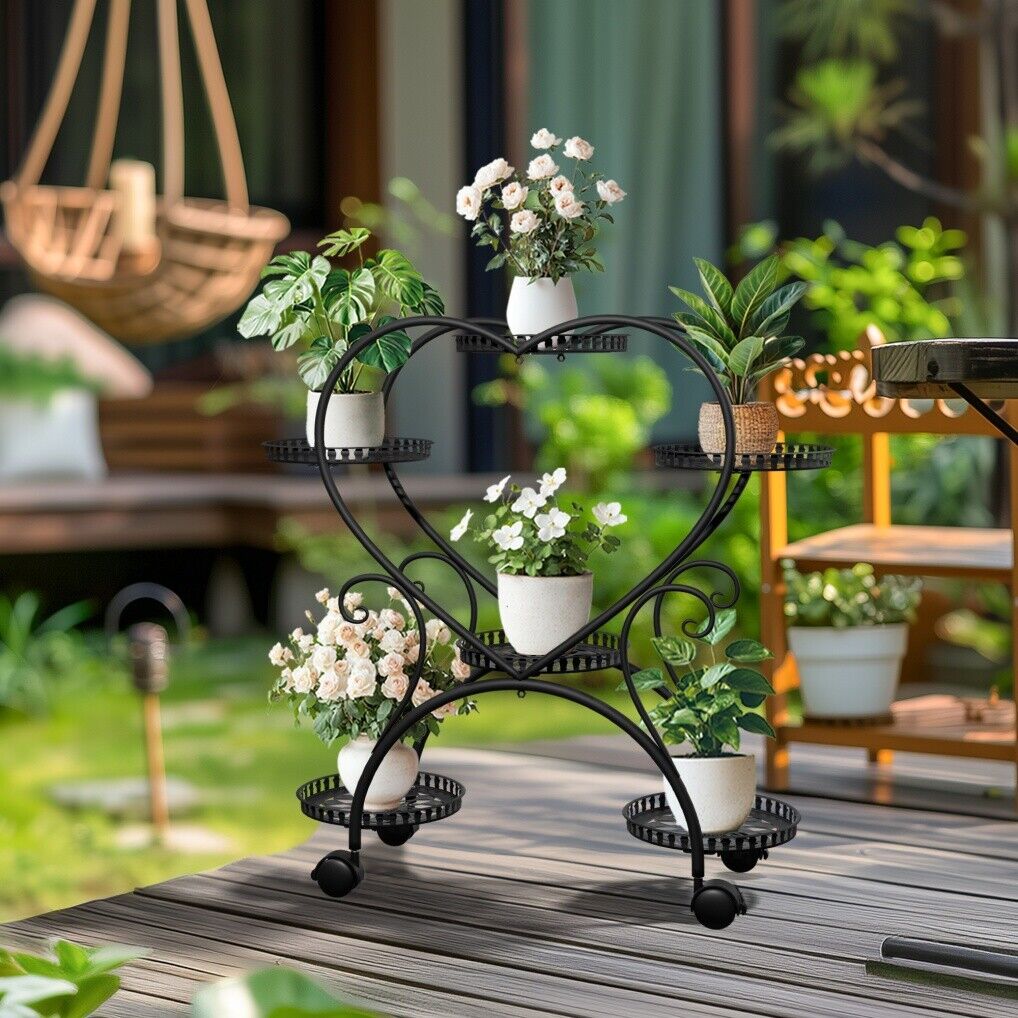 Rolling Metal Plant Stand Indoor Outdoor Garden Display Shelf