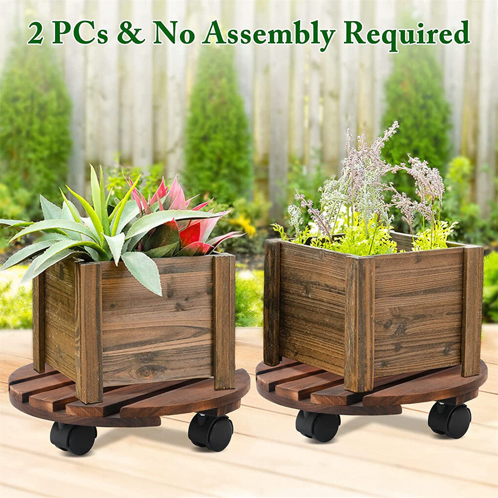 Wooden Plant Caddy Stand 2-Pack 360� Rotating Casters
