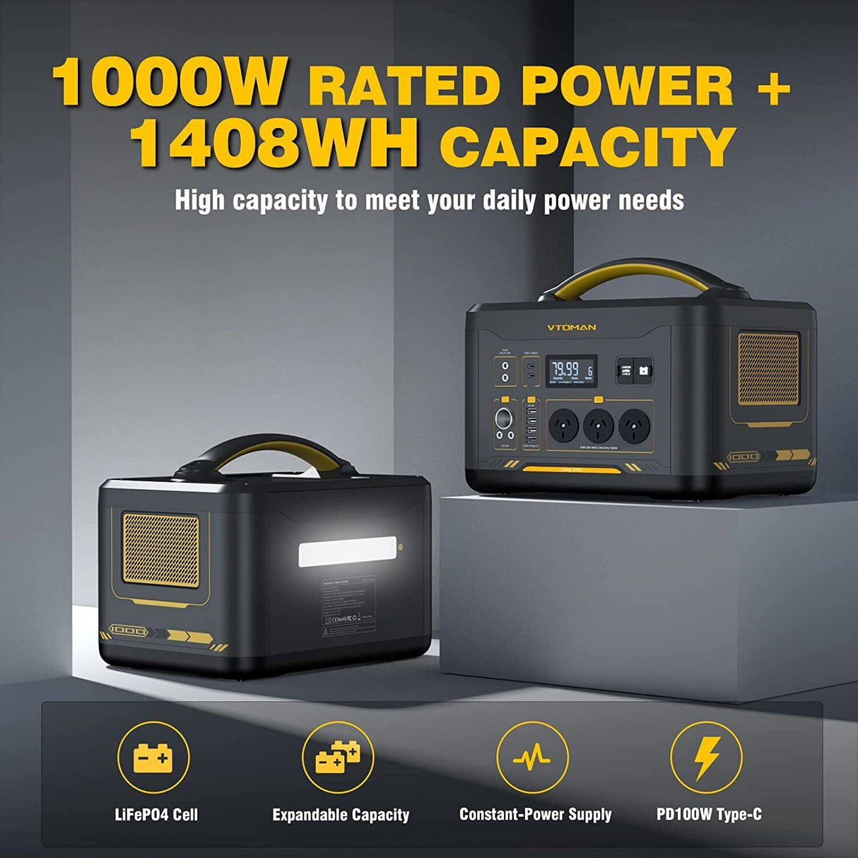 1000W 1408Wh Solar Generator 10A Black Portable Power Station