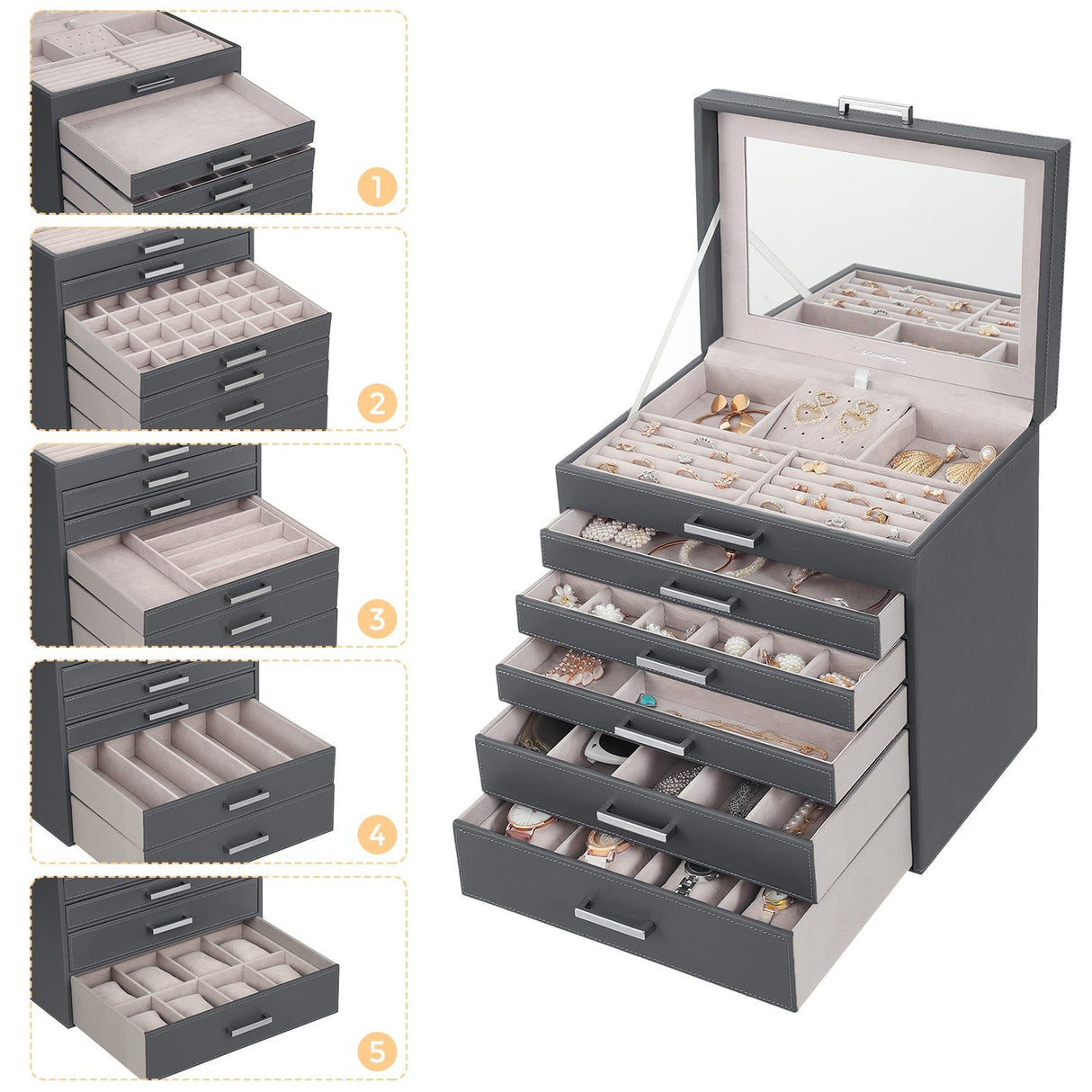 Jewellery Grey Box, 6 Layers, 5 Drawers